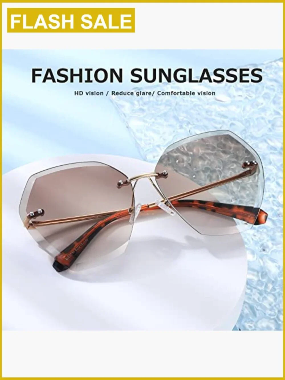 Oversized Rimless Sunglasses Diamond Cut UV400 Gradient Lens Metal Frame